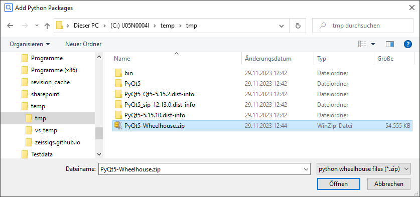 Add Python Packages dialog - add Python wheelhouse files