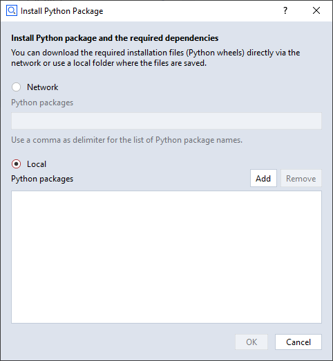 Install Python Package dialog - install from local file