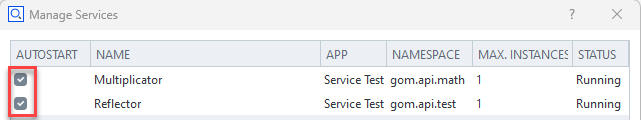 Autostart configuration in the Manage Services dialog