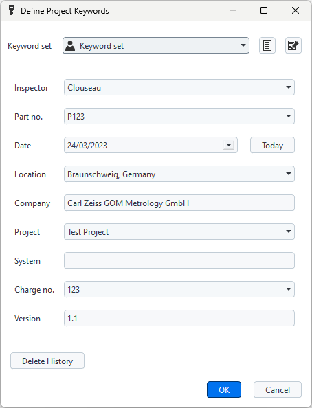 Define Project Keywords Dialog